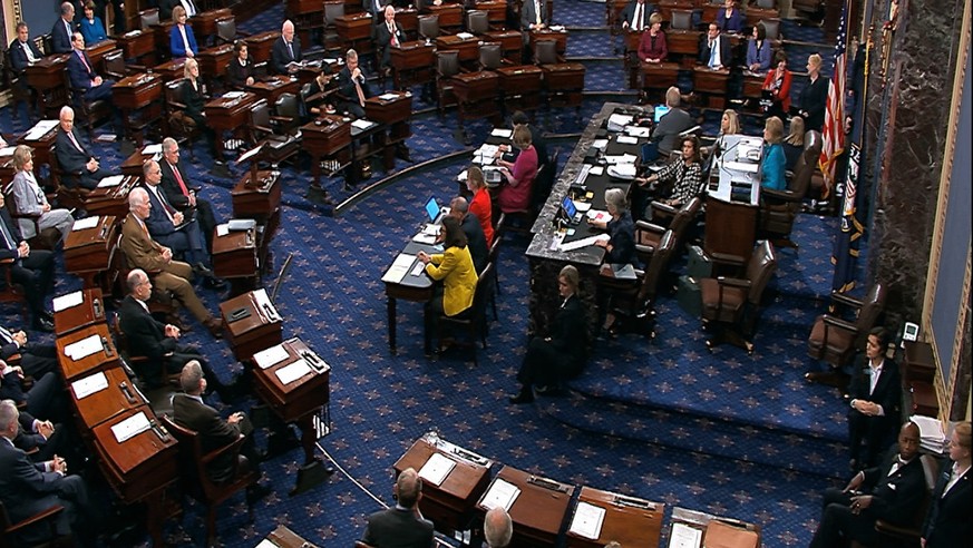 In this image from video provided by Senate TV, the Senate Chamber is shown during a procedural vote on Brett Kavanaugh&#039;s nomination to the Supreme Court, Friday morning, Oct. 5, 2018 at the Capi ...
