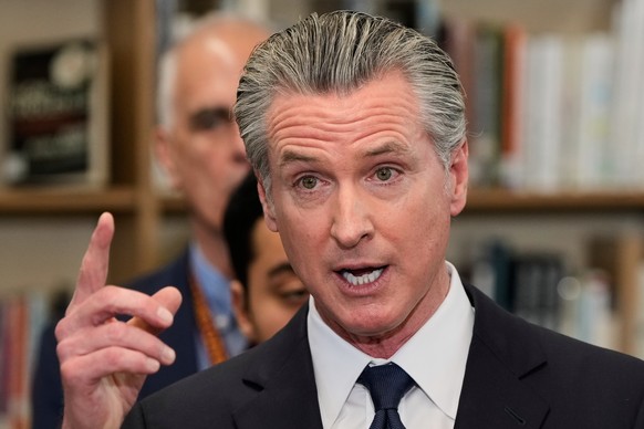 Governor Gavin Newsom speaks about the sexual assault allegations against Cesar Chavez during a press conference at San Lorenzo High School, Wednesday, March 18, 2026, in San Lorenzo, Calif. (AP Photo ...