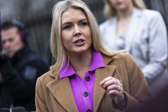 epa11963887 White House Press Secretary Karoline Leavitt responds to a question from the news media during a press briefing outside the West Wing of the White House in Washington, DC, USA, 14 March 20 ...