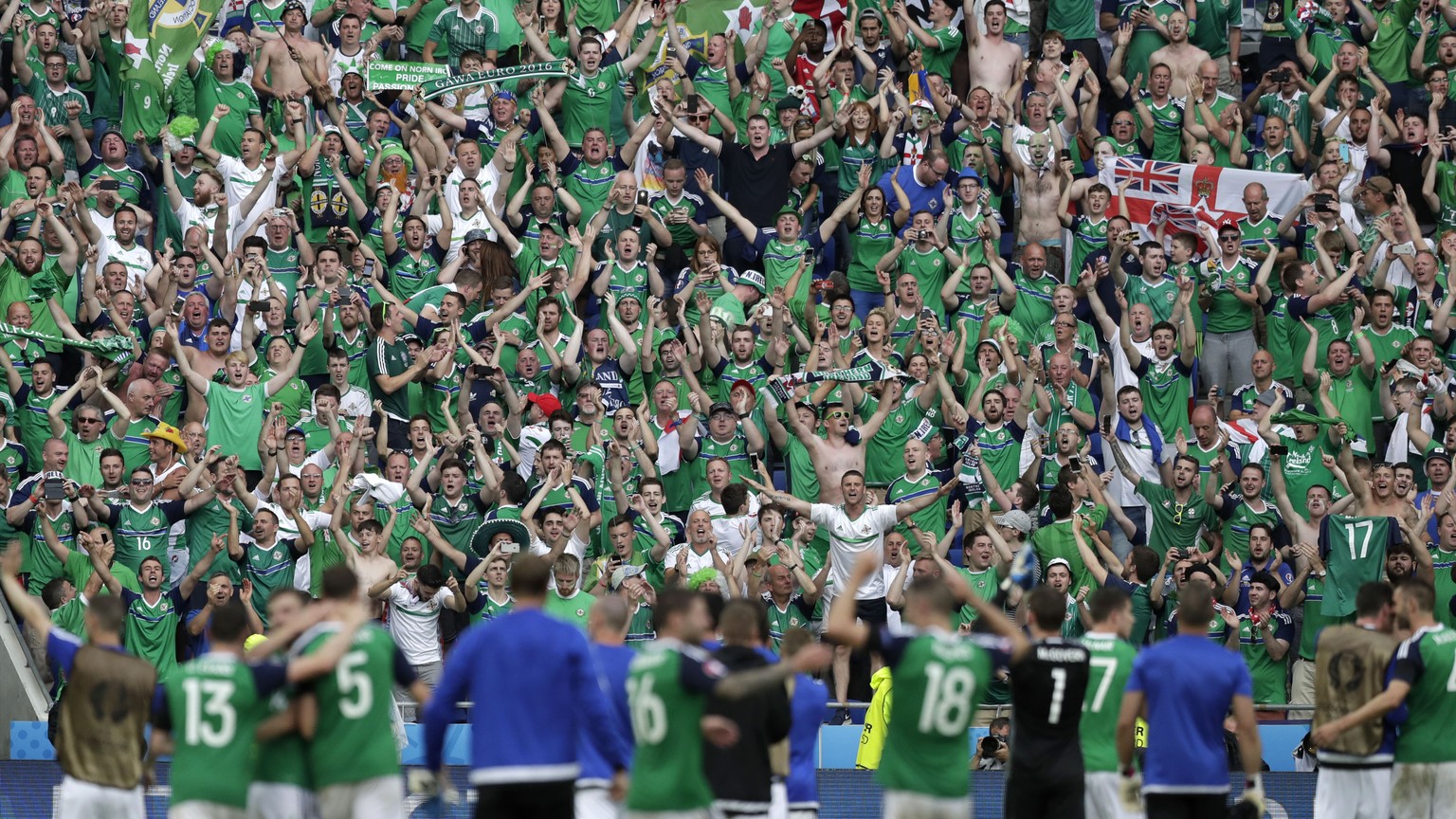 Northern Ireland supporters celebrate with the players, in the foreground, at the end of the Euro 2016 Group C soccer match between Ukraine and Northern Ireland at the Grand Stade in Decines-­Charpieu ...