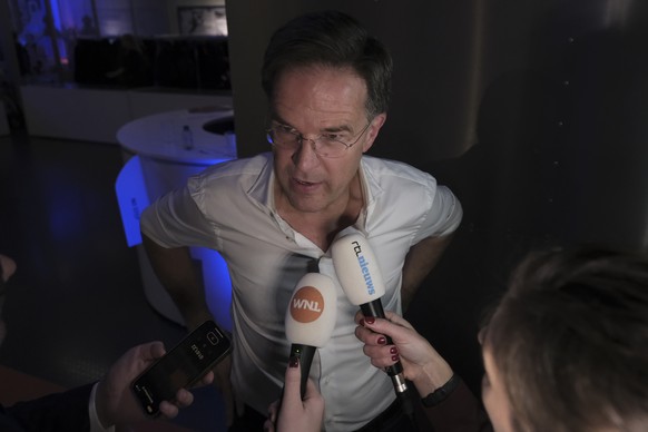 Prime Minister of Netherlands Mark Rutte talks to media after announcement of the first preliminary results of general elections in The Hague, Netherlands, Wednesday, Nov. 22, 2023. (AP Photo/Patrick  ...