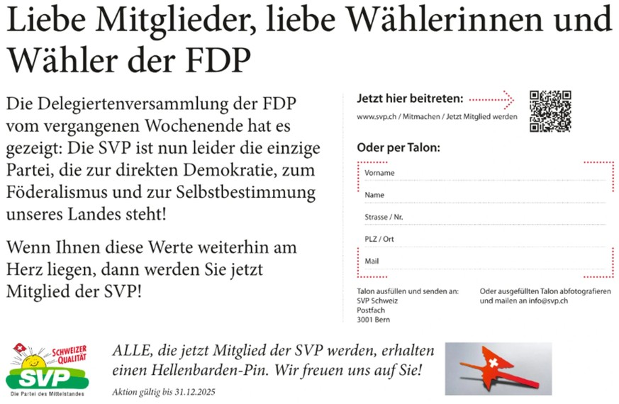 Das Inserat der SVP erschien am letzten Wochenende in der Schweizer Presse.
