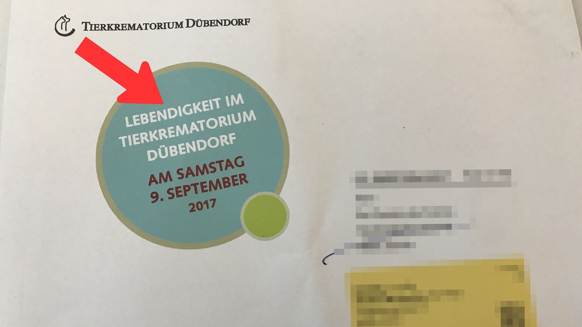 Dieser Brief liegt zurzeit in Briefkästen von Personen, die ihr Tier einäschern liessen.