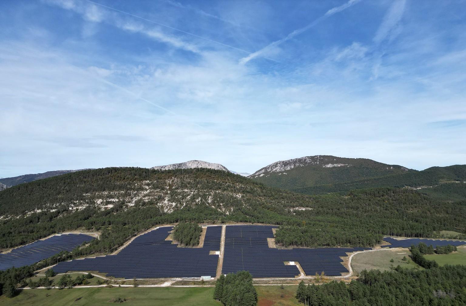 epa10934554 Solar panels are installed on the site of the Prealpes d&#039;Azur Regional Natural Park, in Saint-Auban near Nice, southern France, 23 October 2023. The Saint-Auban solar power plant can  ...
