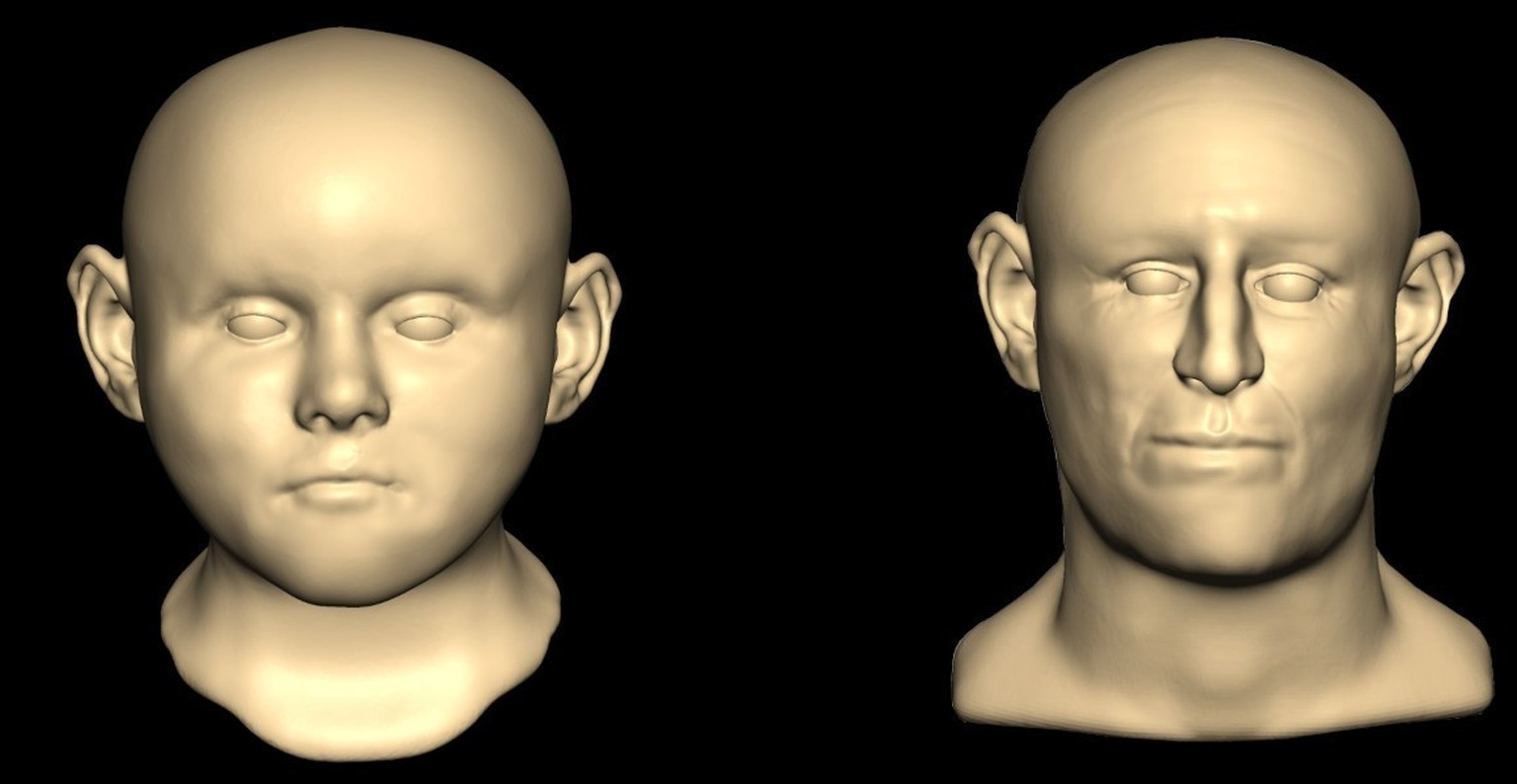 Digitale Gesichtsrekonstruktionen von zwei der im Brunnen gefundenen Personen, basierend auf Skelettresten und DNA