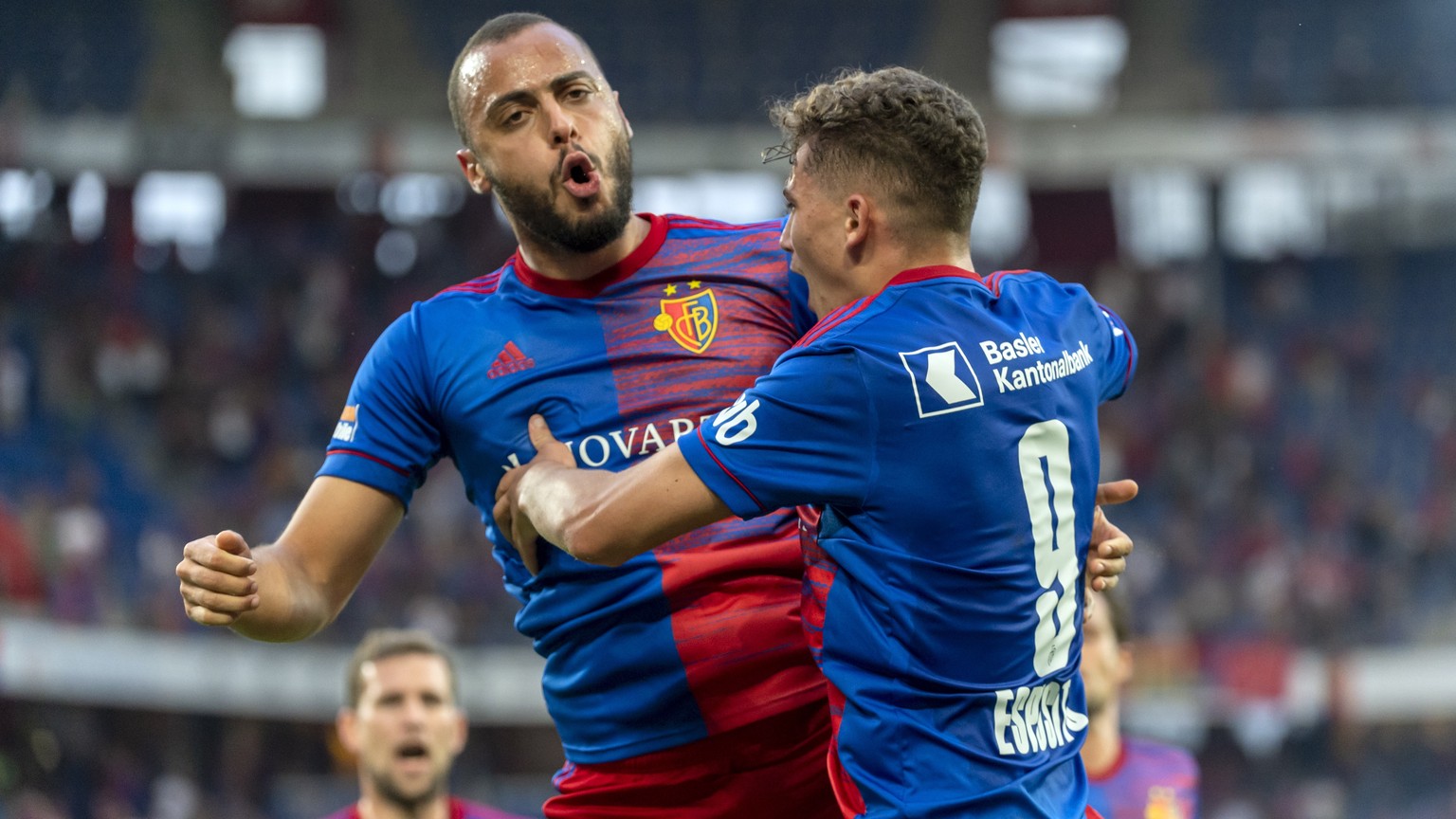 epa09420990 Basel&#039;s Arthur Cabral, left, and Sebastiano Esposito, right, cheer after scoring during the UEFA Conference League playoff soccer match between Switzerland&#039;s FC Basel 1893 and Sw ...