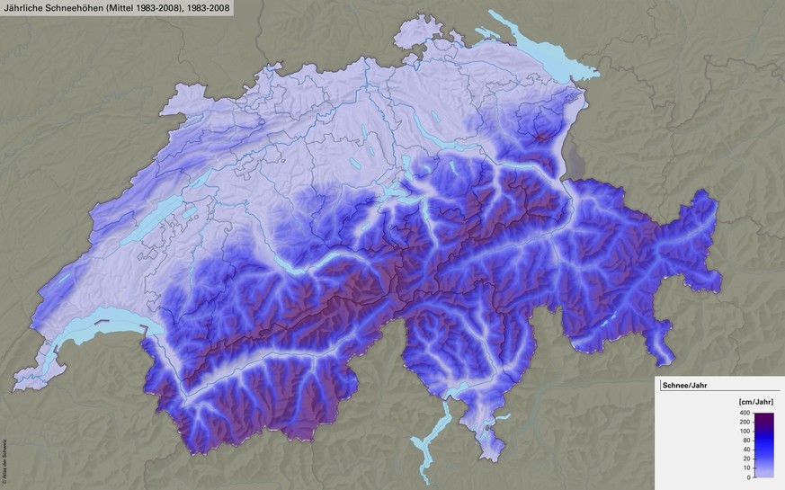 Karte Jährliche Schneehöhen Schweiz (Mittel 1983-2008)
