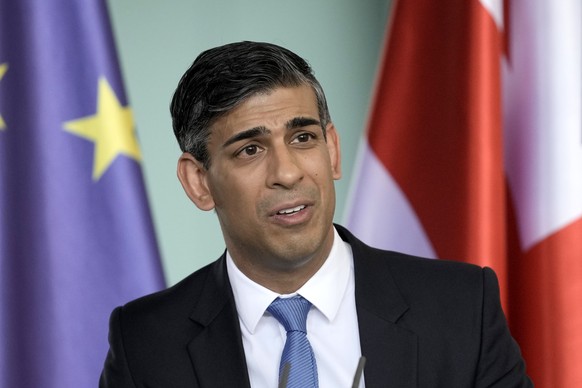 Britain&#039;s Prime Minister Rishi Sunak speaks during a joint press conference with German Chancellor Olaf Scholz in Berlin, Germany, Wednesday, April 24, 2024. (AP Photo/Markus Schreiber)