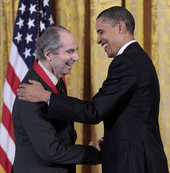 FILE - In this March 2, 2011, file photo, President Barack Obama, right, presents a National Humanities Medal to novelist Philip Roth during a ceremony in the East Room of the White House in Washingto ...