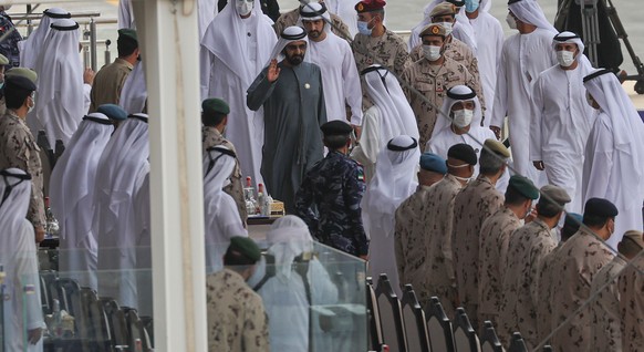 epa09804037 His Highness Sheikh Mohammed bin Rashid Al Maktoum (C), Vice President and Prime Minister of the UAE and Ruler of Dubai arrives to attend the military Exercise show &#039;Union Fortress 8& ...
