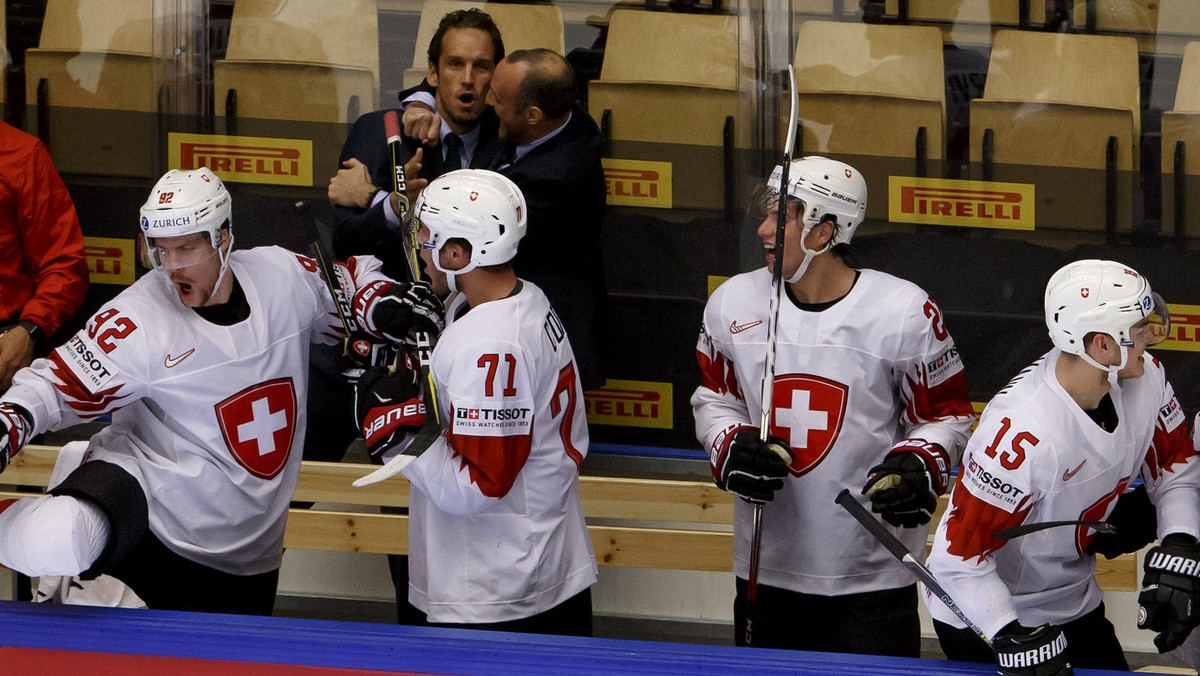 Switzerland's players celebrate their victory after beating Finland, during the IIHF 2018 World Championship quarter final game between Finland and Switzerland, at the Jyske Bank Boxen, in Hernin ...