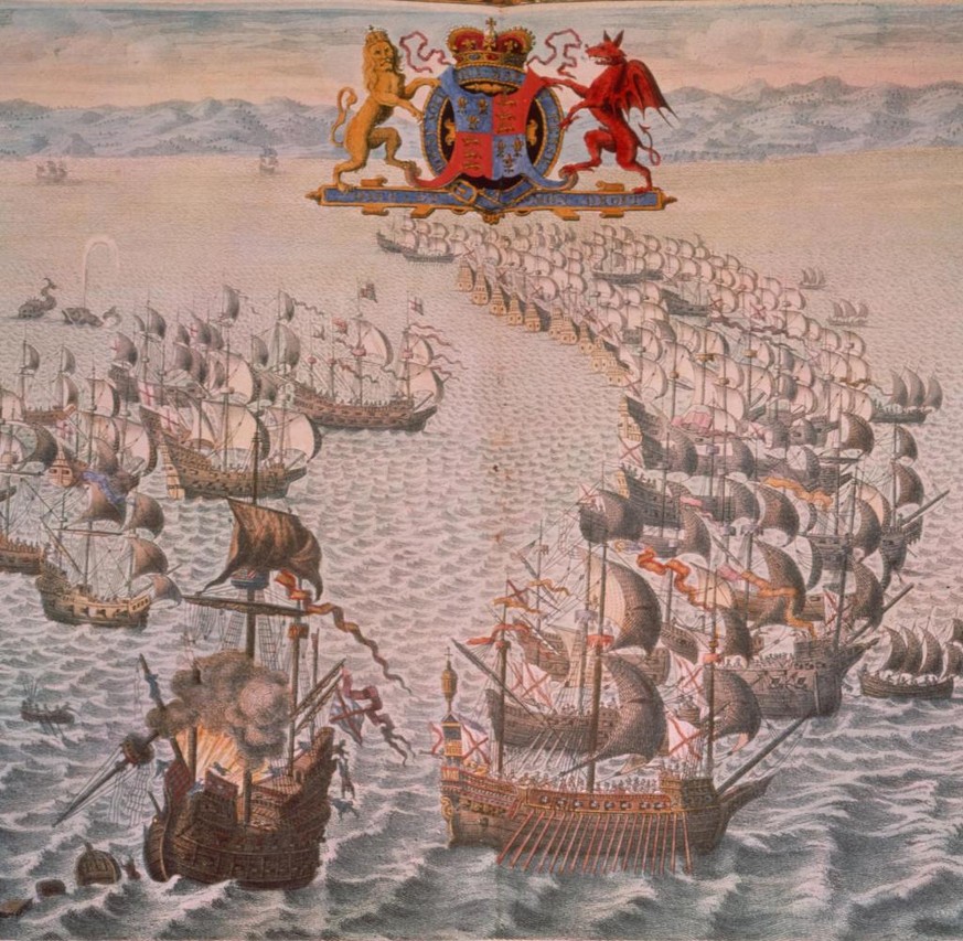 Die spanische Flotte (r.) segelte in Halbmondformation, wobei die grössten und am schwersten bewaffneten Schiffe sich im Zentrum befanden.&nbsp; &nbsp;