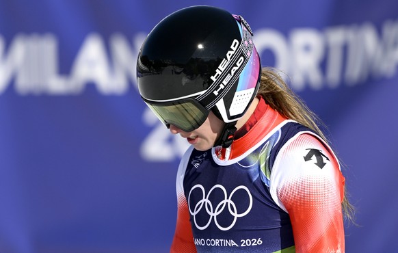 epa12742627 Camille Rast of Switzerland reacts after her 2nd run in the Women's Giant Slalom of the Alpine Skiing competitions at the Milano Cortina 2026 Winter Olympic Games, Tofane ski centre i ...