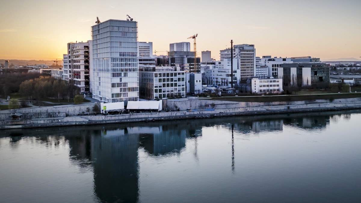 Luftaufnahme des Novartis Campus Basel, dem globalen Hauptsitz von Novartis, mit der Promenade am Rhein, in Basel, am Montag, 2. Maerz 2026. (KEYSTONE/Georgios Kefalas)