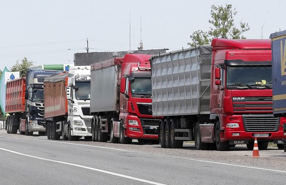epa10000460 Trucks with wheat wait to be processed at the Ukraine-Moldova border crossing Palanka, Ukraine, 07 June 2022. Ukraine faces logistic problems exporting its harvest to the world market due  ...