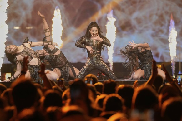 Justyna Steczkowska from Poland performs the song &quot;GAJA&quot; during the dress rehearsal for the first semi-final of the 69th Eurovision Song Contest, in Basel, Switzerland, Monday, May 12, 2025. ...