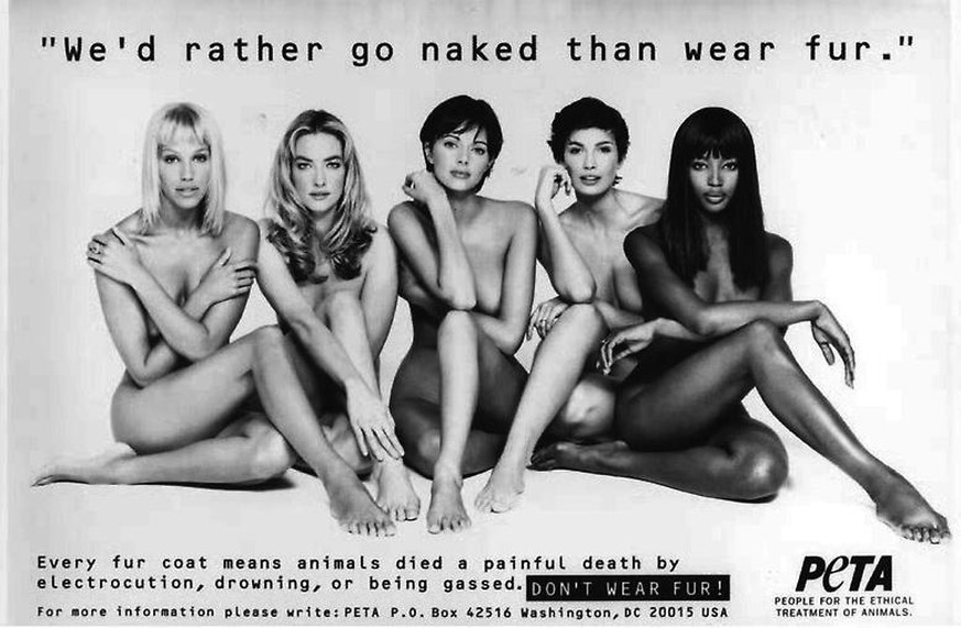 1994: Topmodels, die lieber nackt sind, anstatt Pelz zu tragen. Naomi Campell hat sich allerdings nicht daran gehalten. 2009 machte sie Werbung für die edlen Kreationen des New Yorker Pelzmachers Dennis Basso.<br data-editable="remove">