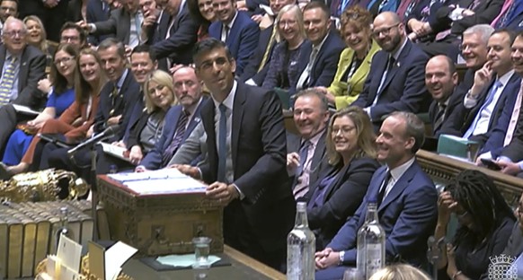 Britain&#039;s Prime Minister Rishi Sunak speaks during Prime Minister&#039;s Questions in the House of Commons, London, Wednesday, Oct. 26, 2022, his first as Prime Minister. (House of Commons via AP ...