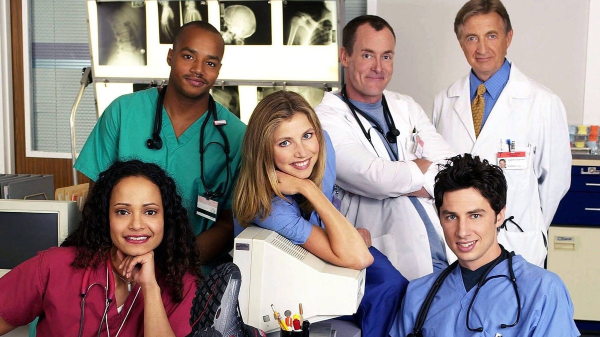 SCRUBS -- NBC Series -- Pictured: Judy Reyes as Nurse Carla Espinosa, Donald Faison as Chris Turk, Sarah Chalke as Elliott Reid, John C. McGinley as Dr. Phil Cox, Ken Jenkins as Dr. Bob Kelso, Zach Br ...
