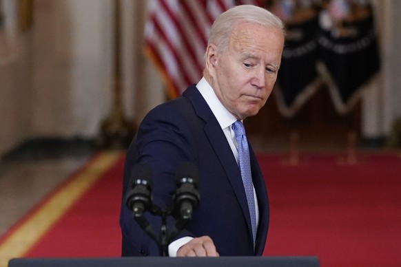 President Joe Biden turns to leave the podium after speaking about the end of the war in Afghanistan from the State Dining Room of the White House, Tuesday, Aug. 31, 2021, in Washington. (AP Photo/Eva ...