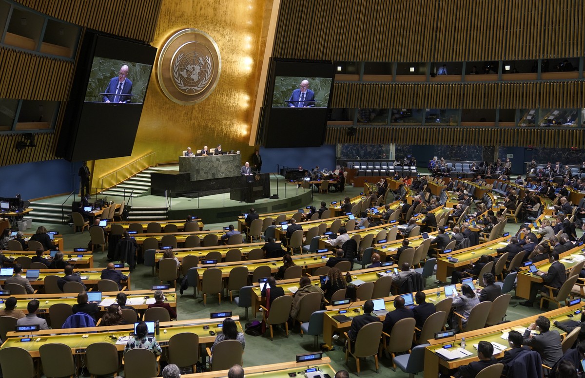 Russian Ambassador to the United Nations Vasily Nebenzya addresses the 11th emergency special session of the General Assembly, Wednesday, Feb. 22, 2023 at United Nations headquarters. (AP Photo/Mary A ...