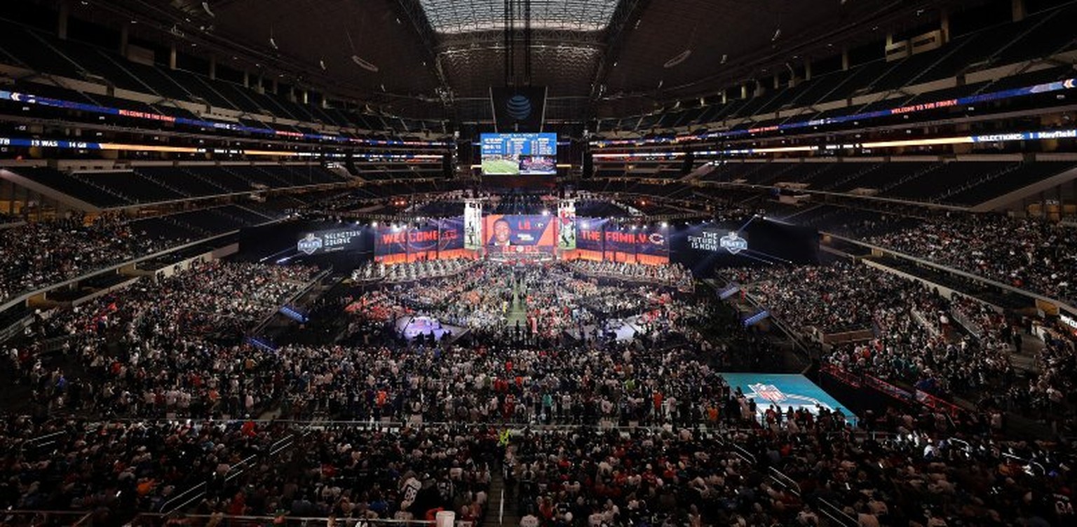 FILE - This April 26, 2018, file photo, shows a general overall view of AT&amp;T Stadium as Georgia&#039;s Roquan Smith is selected by the Chicago Bears during the first round of the NFL football draf ...