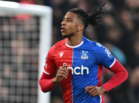LONDON, ENGLAND - MAY 6: Michael Olise celebrates after scoring a opening goal during the Premier League match between Crystal Palace and Manchester United, ManU at Selhurst Park on May 6, 2024 in Lon ...