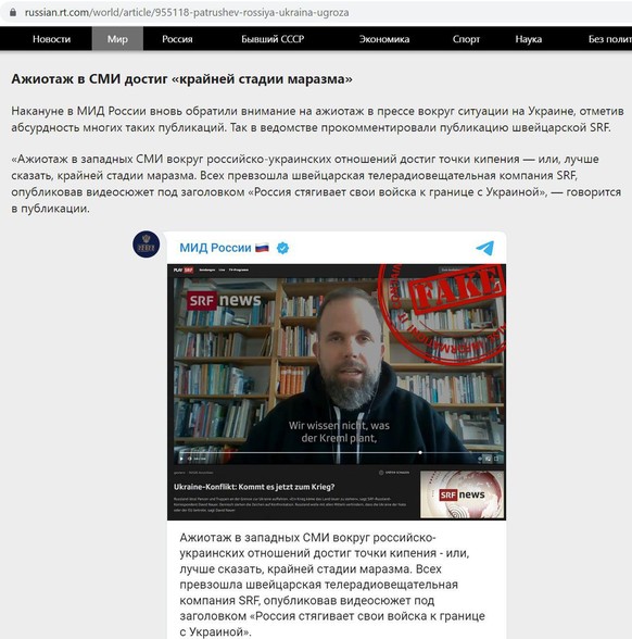 Im RT-Artikel verlinkt ist die Telegram-Nachricht des russischen Sicherheitsdienstes, der westliche Berichte wie der vom Schweizer Radio und Fernsehen als «Fake» bezeichnet.