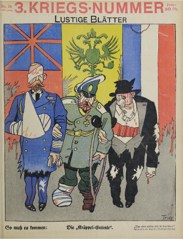 Die «Krüppel-Entente»: Eine deutschsprachige Satirezeitschrift zeigt den Feind während des ersten Weltkriegs als schwach und verwundet.