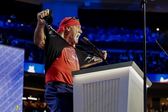 epa11486591 Professional wrestler Hulk Hogan speaks on the fourth day of the Republican National Convention (RNC) at Fiserv Forum in Milwaukee, Wisconsin, USA, 18 July 2024. The convention comes days  ...