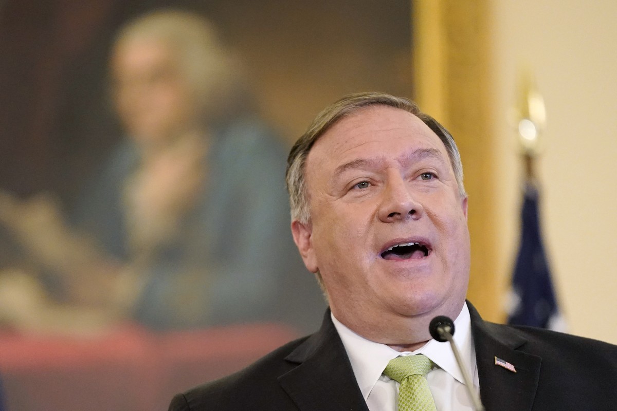Secretary of State Mike Pompeo speaks during a news conference to announce the Trump administration's restoration of sanctions on Iran, Monday, Sept. 21, 2020, at the U.S. State Department in Was ...