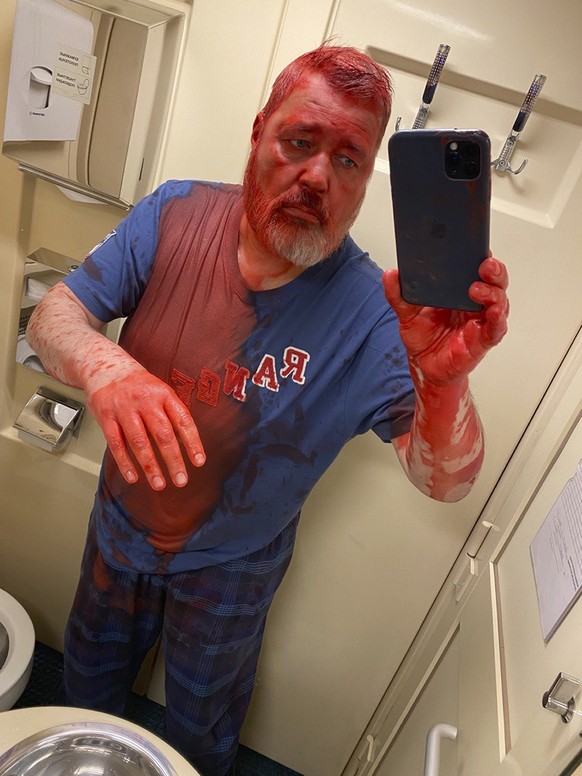 In this photo published on Novaya Gazeta Europe&#039;s Telegram channel, Nobel Peace Prize-winning newspaper editor Dmitry Muratov takes a selfie after he said he was attacked on a Russian train by an ...