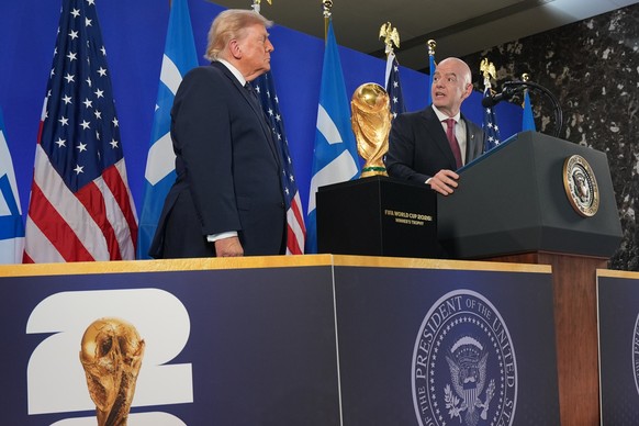 President Donald Trump and FIFA President Gianni Infantino speak at a reception at Trump Tower in New York, Friday, July 17, 2026. (AP Photo/Jacquelyn Martin)
Donald Trump