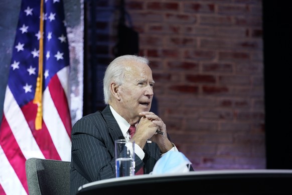 President-elect Joe Biden participates in a meeting with the National Governors Association's executive committee at The Queen theater, Thursday, Nov. 19, 2020, in Wilmington, Del. (AP Photo/Andrew Ha ...