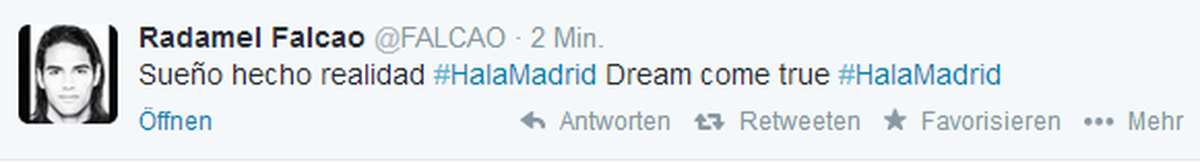 Das twitterte Falcao um 19 Uhr.