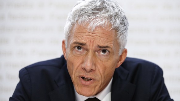 epa07561100 Swiss Federal Attorney Michael Lauber speaks during a press conference at the Media Centre of the Federal Parliament in Bern, Switzerland, 10 May 2019. Federal Attorney Michael Lauber is c ...