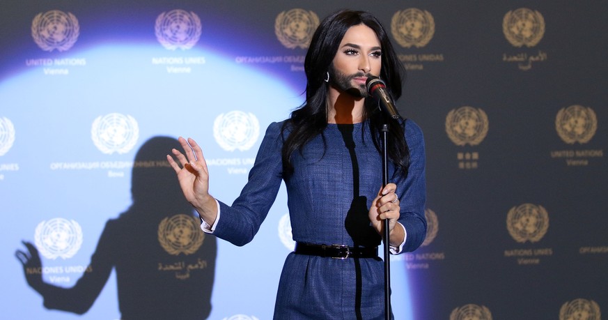 Austrian singer and Eurovision Song Contest winner Conchita Wurst performs on stage during U.N. Secretary-General Ban Ki-moon&#039;s visit to the United Nations in Vienna at the International Center i ...