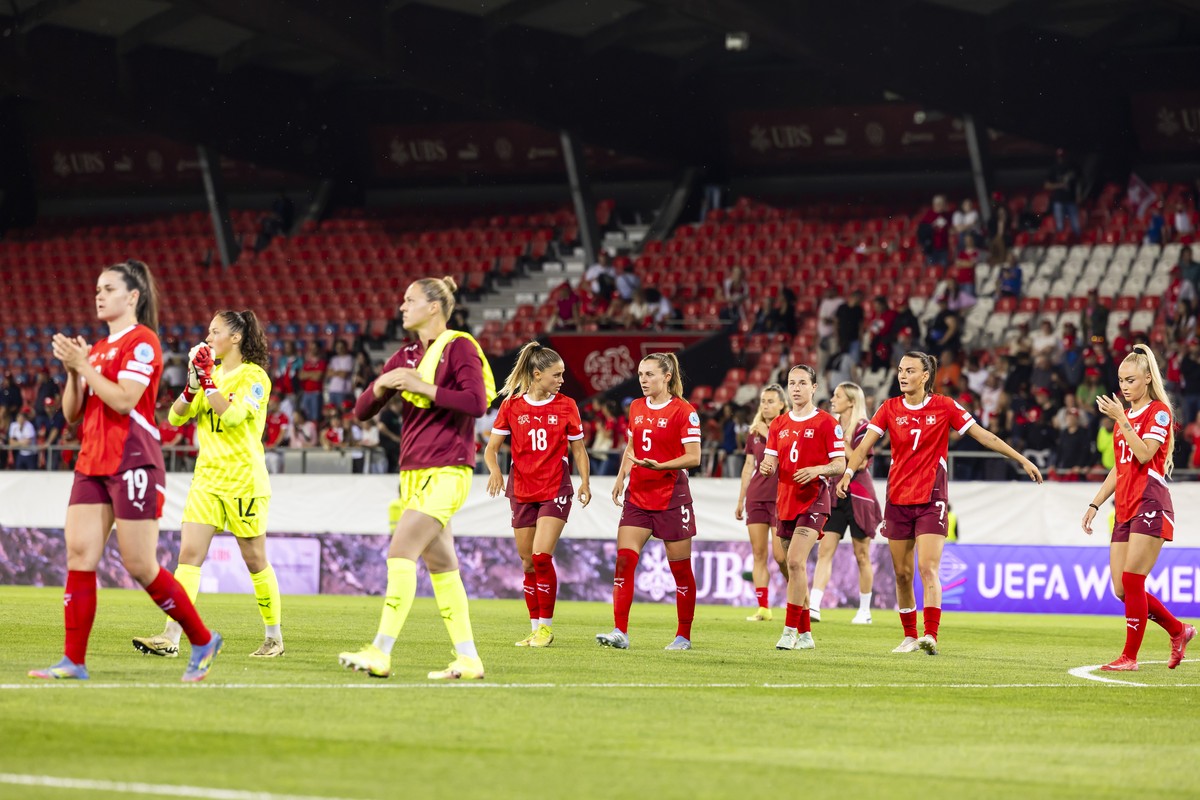 Switzerland's players react after losing against the team Norway, during the UEFA Women's Nations League group A2 football match between the national soccer teams of Switzerland and Norway,  ...