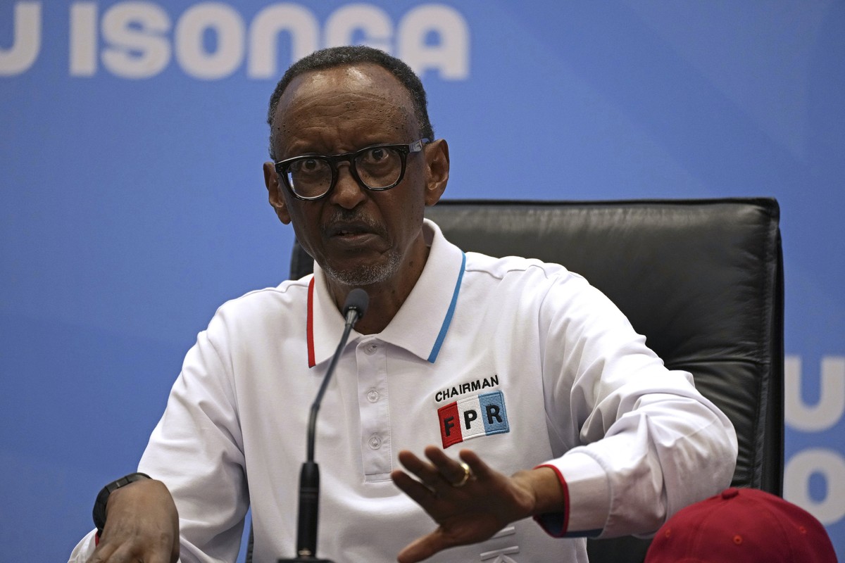 FILE - Rwanda's President Paul Kagame gestures as he gives a press conference after his final election campaign rally at Kigali Convention Centre in Kigali, Rwanda Saturday, July 13, 2024. (AP Ph ...