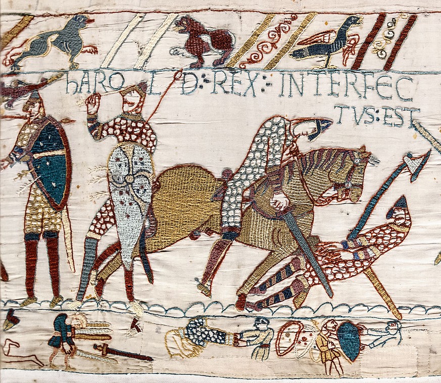 Harald Godwinson fällt in der Schlacht bei Hastings. Detail aus dem Teppich von Bayeux. 