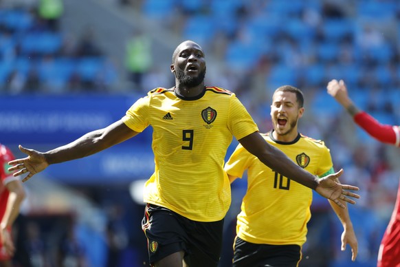 Belgium&#039;s Romelu Lukaku, center, and Belgium&#039;s Eden Hazard, center right, celebrate after Romelu Lukaku scored his side&#039;s second goal during the group G match between Belgium and Tunisi ...