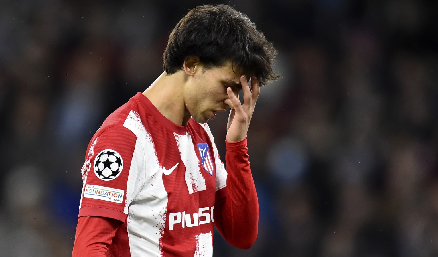 epa09872702 Joao Felix of Atletico Madrid reacts during the UEFA Champions League quarter final, first leg soccer match between Manchester City and Atletico Madrid in Manchester, Britain, 05 April 202 ...