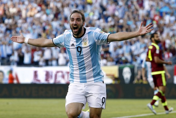 Jun 18, 2016; Foxborough, MA, USA; Argentina forward Gonzalo Higuain (9) celebrates his goal against the Venezuela during the first half of quarter-final play in the 2016 Copa America Centenario socce ...