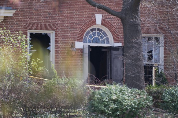 The windows and door is damaged from an overnight fire at the governor?s official residence on Sunday, April 13, 2025 in Harrisburg, Pa. (AP Photo/Marc Levy)
Pennsylvania-Governor-Arson