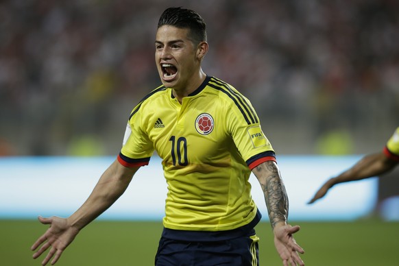 FILE - In this Tuesday, Oct. 10, 2017 filer, Colombia&#039;s James Rodriguez celebrates after scoring against Peru during a 2018 World Cup qualifying soccer match in Lima, Peru.(AP Photo/Martin Mejia, ...