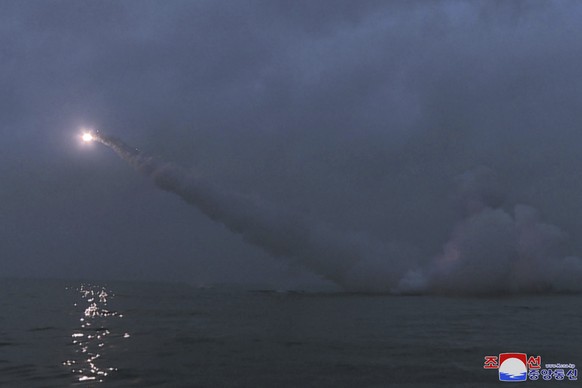 This photo provided by the North Korean government shows what it says is a cruise missile the country test-fired from a submarine off the east coast of North Korea early Sunday, March 12, 2023. Indepe ...