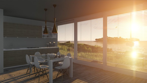 Küche mit Glastüren und Meereslandschaft, 3D-Illustration