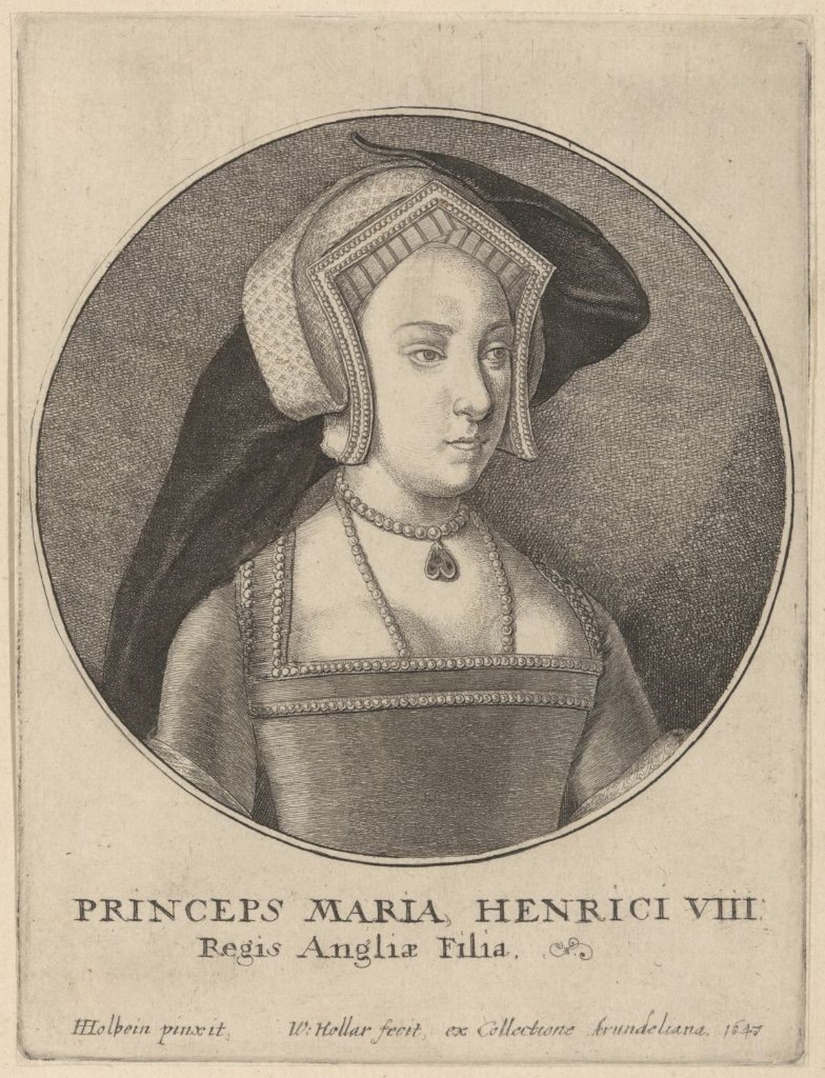 Princeps Maria Henrici VIII Regis Angli¾ Filia, 1647, Etching; first state of four, sheet: 5 9/16 x 4 1/4 in. (14.1 x 10.8 cm), Prints, After Hans Holbein the Younger (German, Augsburg 1497/98-1543 Lo ...