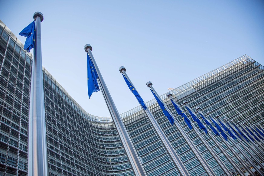 A view of European flags in front of the European Commission headquarters at the Berlaymont Building in Brussels, during the federal, regional and European elections in Belgium, on May 25, 2014. Twent ...