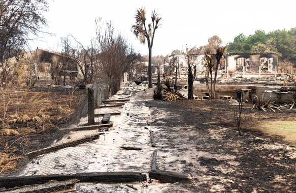 epa13141531 Damaged properties following wildfires in Le Porge, France, 30 July 2026. Most of the residents of the town evacuated as the fires approached Le Porge. EPA/Sophie Garcia